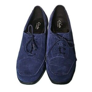 Clarks Bendables Oxford Shoes Block Heels Womens 7.5W Blue Suede Leather Lace Up